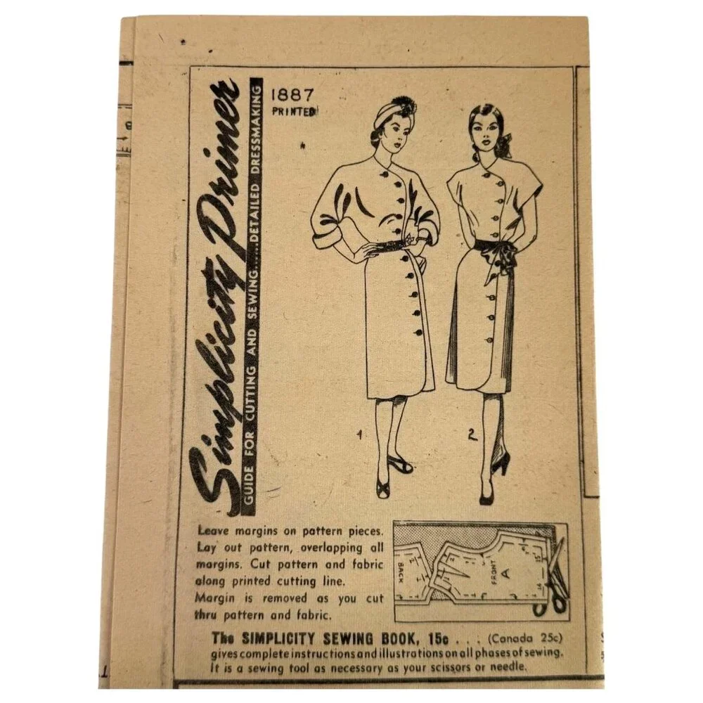 VTG 1946 Simplicity 1887‎ Sewing Pattern Shirtwaist Dress Size 16 Button Front